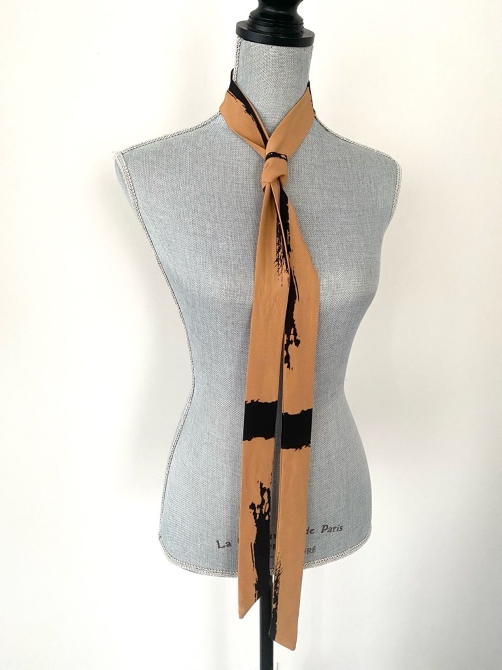 Skinny Scarf Tie in Camel Brown & Black Abstract Print Effortlessly Chic Minimal